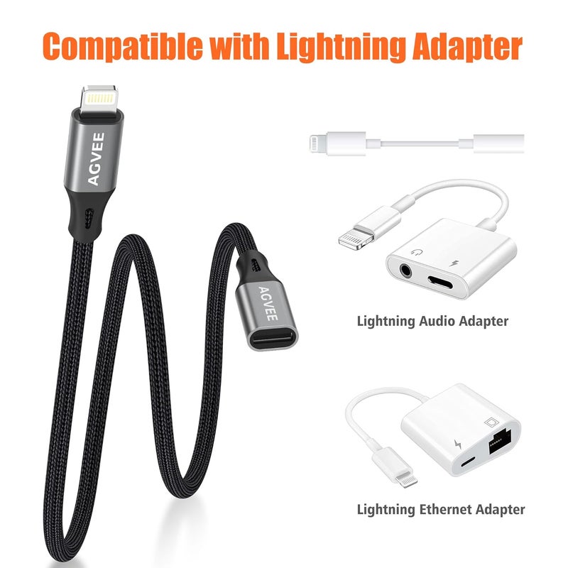 AGVEE 2 Pack 4 inch Lightning Extension Cable, Braided Female to Male Extender Full Function Cord Compatible with iPhone iPad, Data Sync Video Audio & Charging Connector Adapter, Dark Gray - Image 5